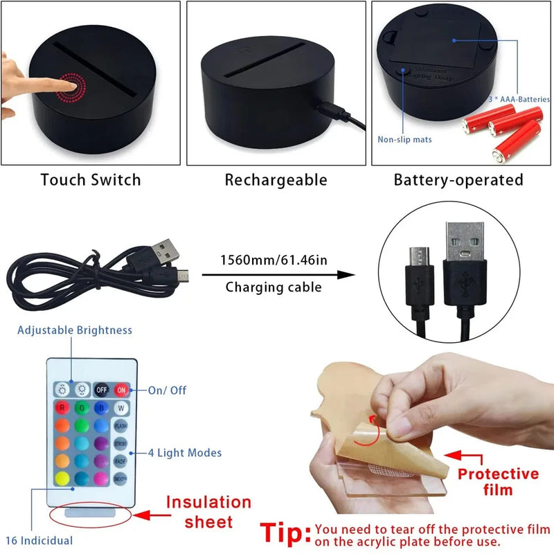 Luz noturna 3D  Stitch com controle remoto e toque inteligente para decoração